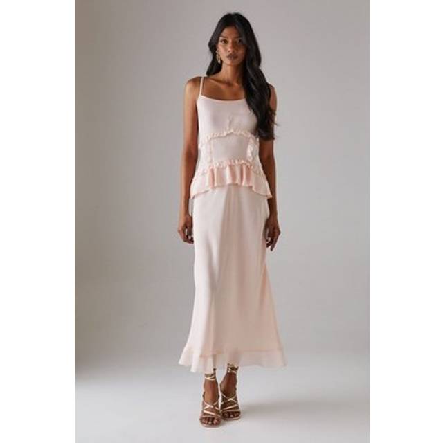 Womens Satin Strappy Seam Detail Peplum Midi Dress - Pink - 12