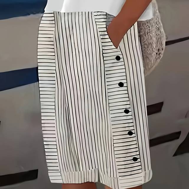 TEMU Women's High-waisted Stripe Bermuda Shorts, Non-stretch Polyester, With Pocket, Button Decoration, Machine Washable, For Spring/summer/autumn