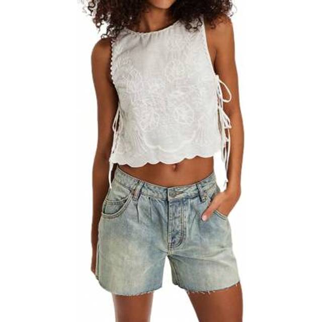 SHEIN Womens Summer Lace Floral Crop Tank Top Sleeveless Side Tie-Up Eyelet Embroidery Vest Shirts Casual Beach Vacation Clothes