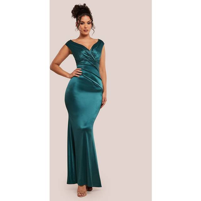 Satin Off The Shoulder Maxi Dress - Green - 14