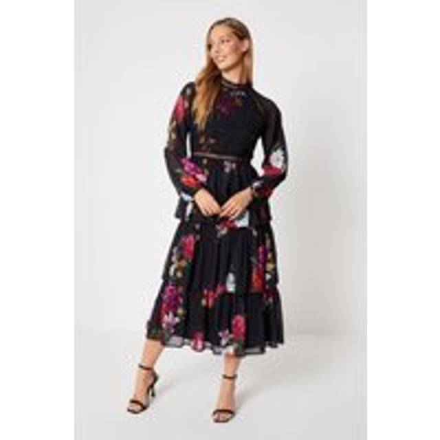 Oasis Womens Floral Lace Trim Dobby Chiffon Tiered Midaxi Dress - Black - Size 8 UK