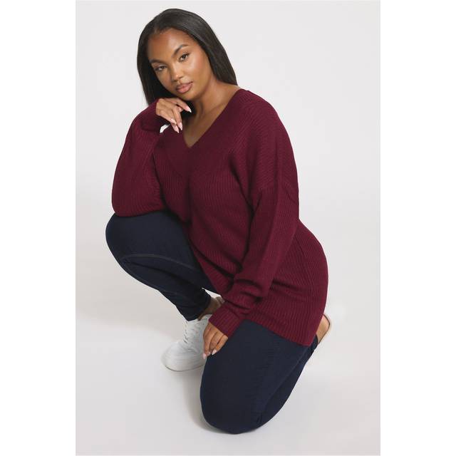 Yours Curve Burgundy Red Vneck Knit Jumper, Women's Curve & Plus Size, Yours - 26-28