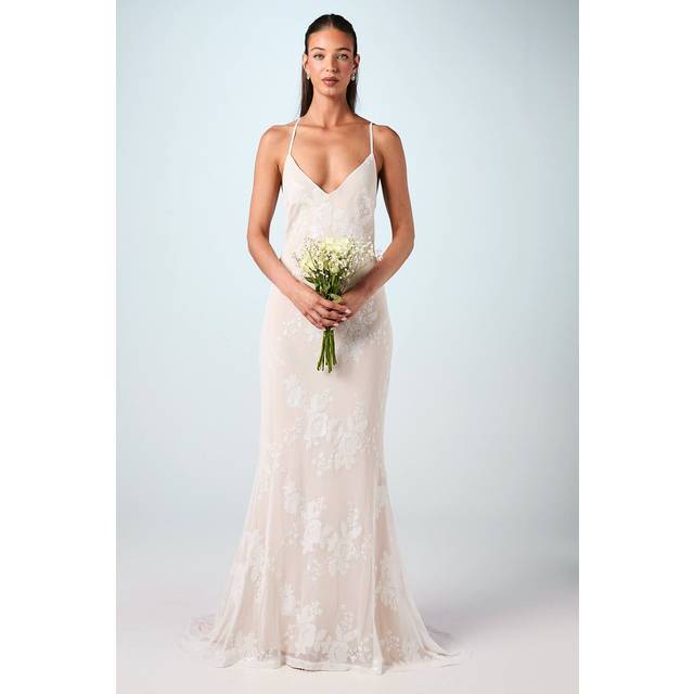 V Neck Embellished Mesh Cami Maxi Wedding Dress - Ivory - 12