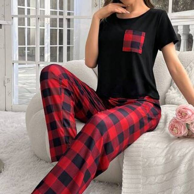 SHEIN Women&#39;s Plaid Print Short Sleeve Top And Plaid Long Sleep Pants Pajama Set With Pockets