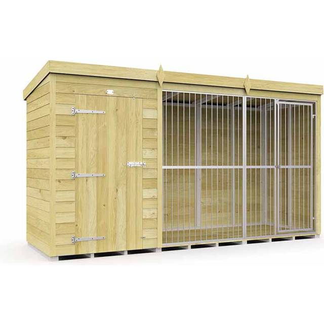 12ft X 4ft Dog Kennel and Run Full Height with Bars - Wood - L118 x W358 x H201 cm