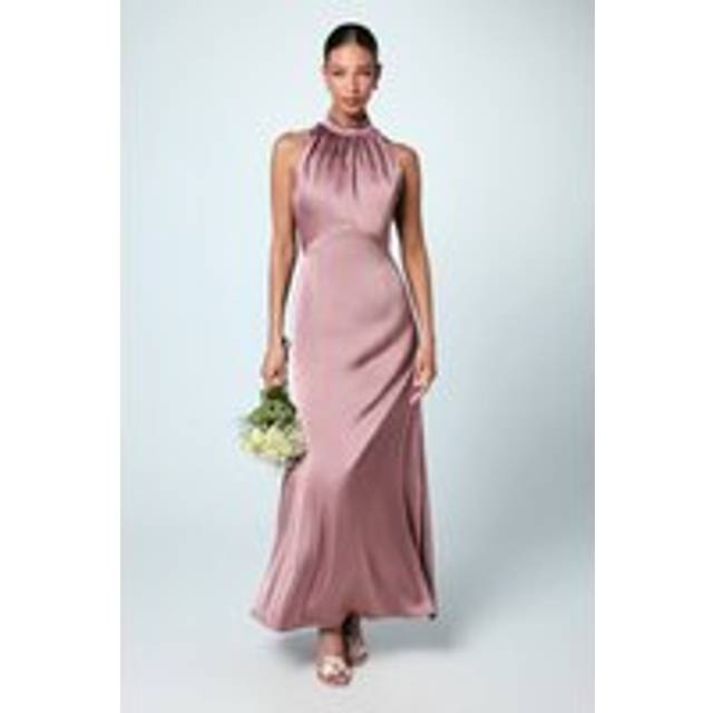 Satin Halterneck Maxi Bridesmaid Dress - Mink - Navy - 18