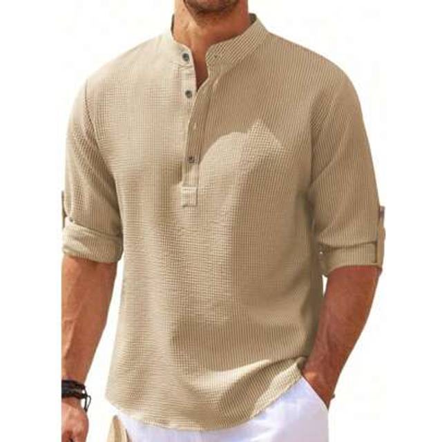 SHEIN Men&#39;s Long Sleeve Henley Shirt Button Down Collar Striped Plaid Design Casual Comfort Soft Fabric Daily Wear Summer Beach Vacation Fashion Breathable