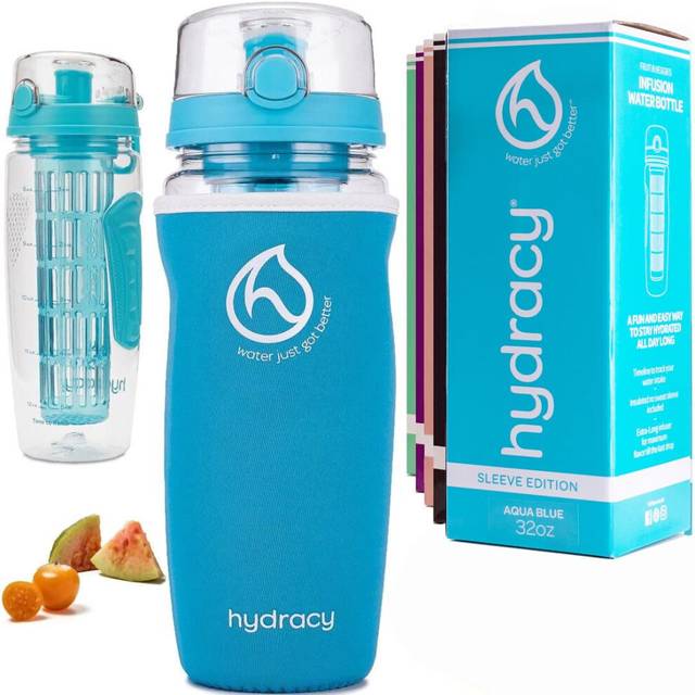 Hydracy Fruit Infuser Water Bottle - 1Litre Sport Bottle with Insulating Sleeve, Time Marker and Full Length Infusion Rod + 27 Fruit Infused Water