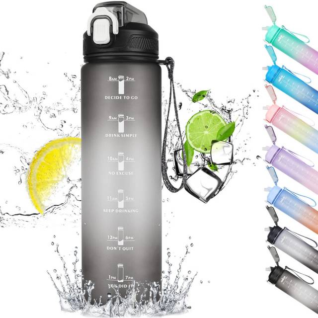 CodiCile 1L Water Bottle, Sports Water Bottle with Straw and Time Markings,Motivational Leakproof 1 litre Water Bottle with BPA Free Lid for Sports