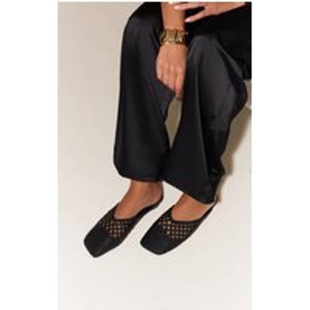 Black Pu Square Toe Woven Flats, Black - 8