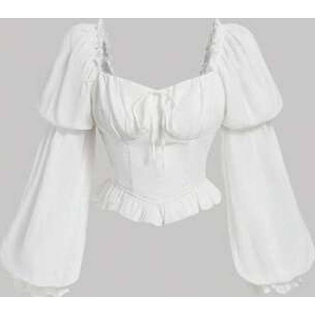 SHEIN Sweetheart Neck Flare Sleeve Ruched Bust Frill Trim Lotus Knot Puff Sleeves White Blouse,Long Sleeve Tops