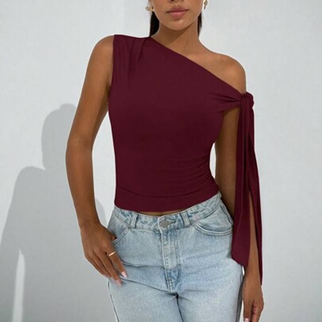 SHEIN Women&#39;s Asymmetric Collar Oblique Shoulder Tie Strap Top, Elegant Day Date Outing Casual Clubwear Party, Autumn