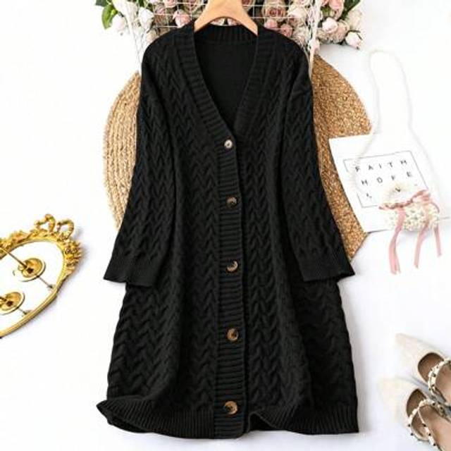 SHEIN Plus Size Women Casual Autumn/Winter Long Aran Cable Knit Solid Color Button Down Cardigan Sweater