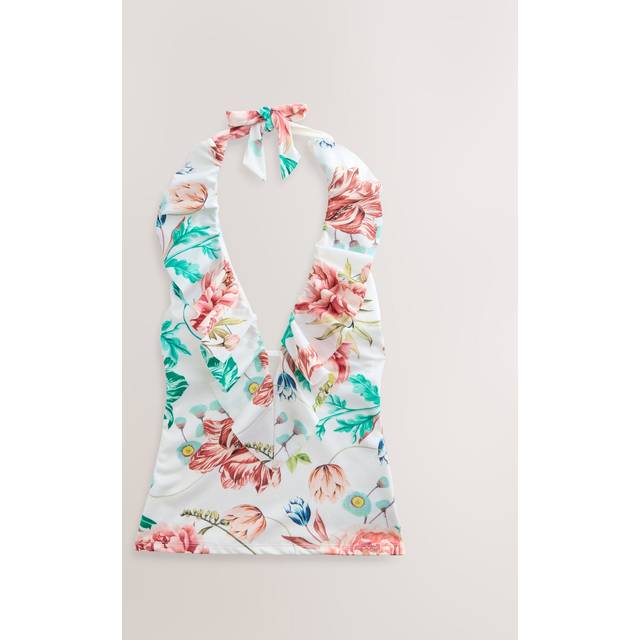 Next Cream Floral Print High Shine Frill Halterneck Tummy Control Tankini Top