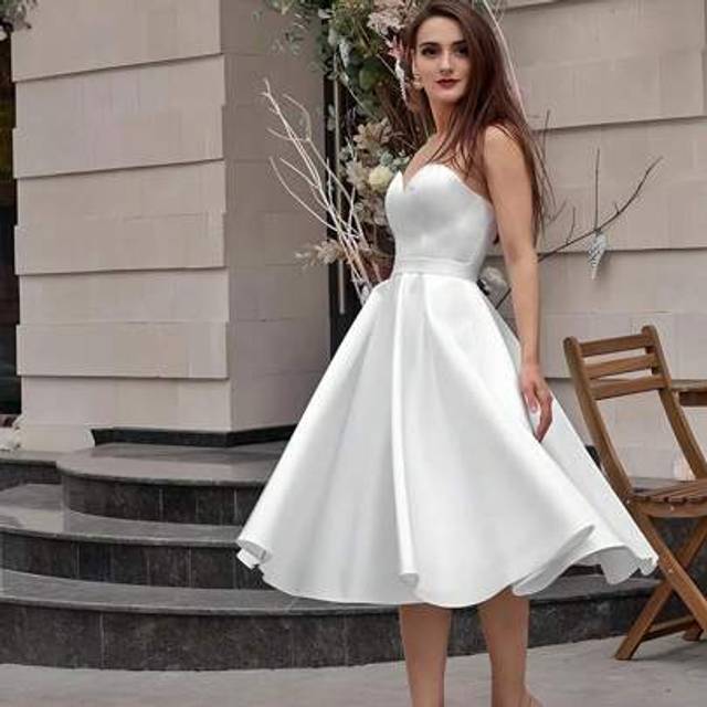 SHEIN Wedding Dress For Women, 2025 White Simple Short A-Line Strapless Satin Prom Gown Backless Dress, Bridal Shower Dress White Dress,Bride