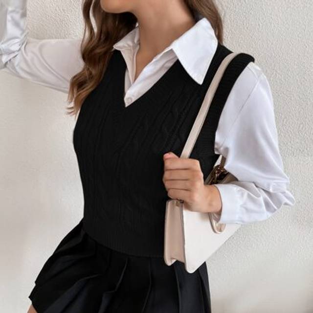 Chiquease Solid Cable Knit Sweater Vest Without Blouse