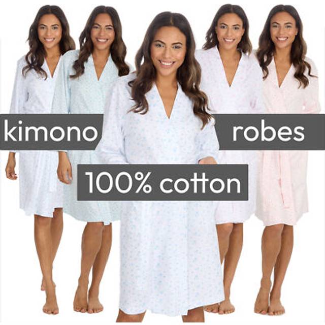 Womens lightweight kimono robe 100% cotton summer dressing gown bathrobe uk s-xl