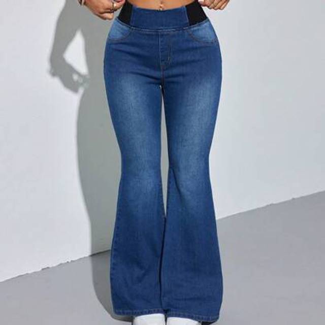 SHEIN Women&#39;s Blue Jeans Skinny Flared Pants Comfortable High Elastic Denim Summer Office Wear Siren Style