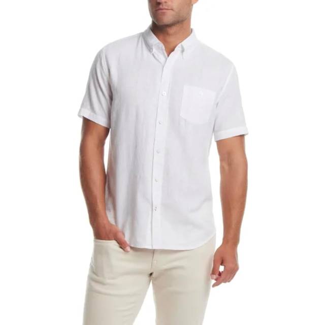 Weatherproof Vintage Men's Short Sleeve Linen Cotton Woven Shirt, White, M