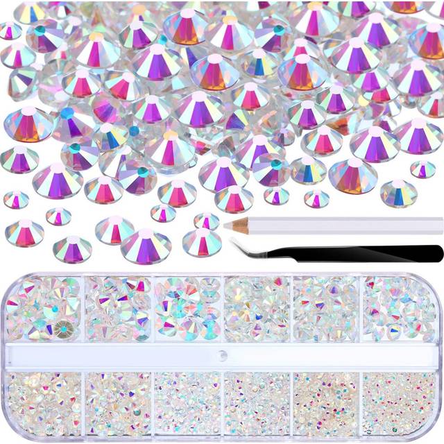 2000 Pieces Flat Back Gems Rhinestones 6 Sizes (1.5-6 Mm) Round Crystal Rhinestones with Pick up Tweezer and Rhinestones Picking Pen for Crafts Nail C