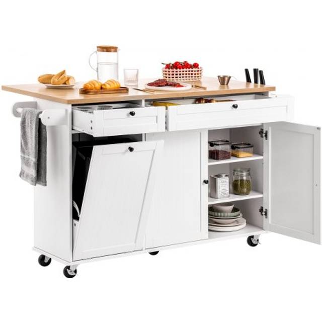 VEVOR Kitchen Island Cart with Storage, 153 cm Wide Mobile Kitchen Cart with Wheels, Drop Leaf, 2 Drawers, Trash Can Cabinet, Knife Holder, Spice Rack, and Towel Rack, Table for Dining Room, Pantry