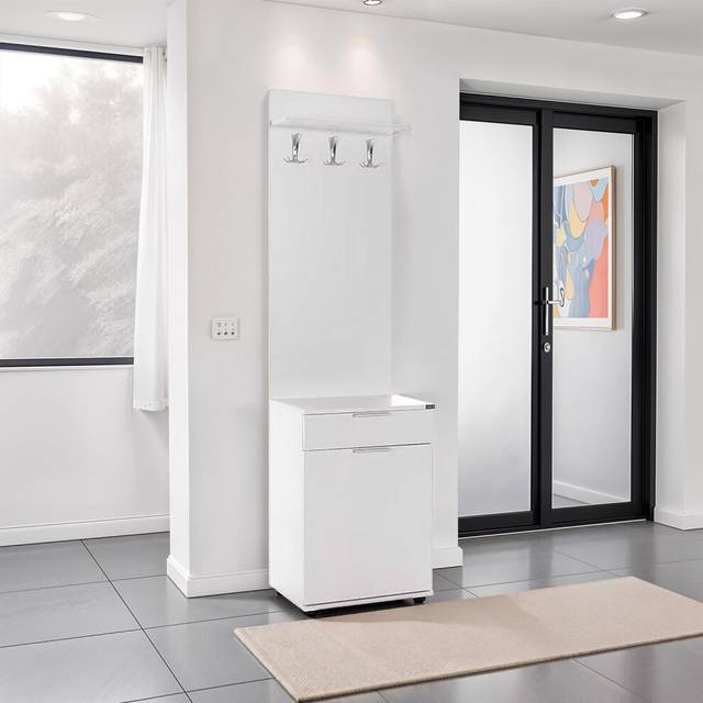 White Hall Stand with Drawer Hooks Entryway Storage Cabinet