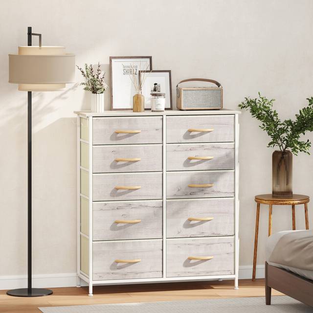 Homcom Fabric Chest Of Drawers, 10 Drawer Dresser For Bedroom, Natural Wood - XL