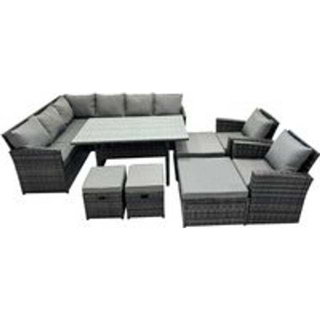 Fimous 12 Seat Poly Rattan Outdoor Patio Dining Table Corner Sofa Set with 4 Stool 2 Chairs for Garden Backyard Dark Grey Mixed