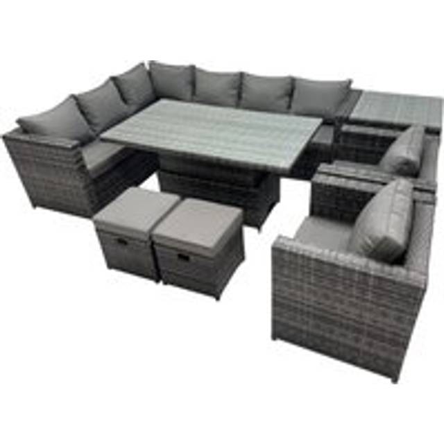 10-seater Height Adjustable Rising Lifting Table Corner Sofa Set Rattan Garden Furniture Dining Set with 2 Small Stool Side Table Dark Grey Mixed