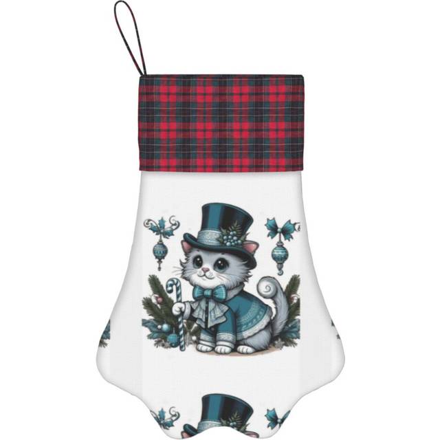 (Holiday-Themed Cat In Blue Lace Dress With Gifts=6055) Paw Christmas Stockings Buffalo Tartan Plaid for Cats Dogs Pet Hanging Xmas Tree Decorations