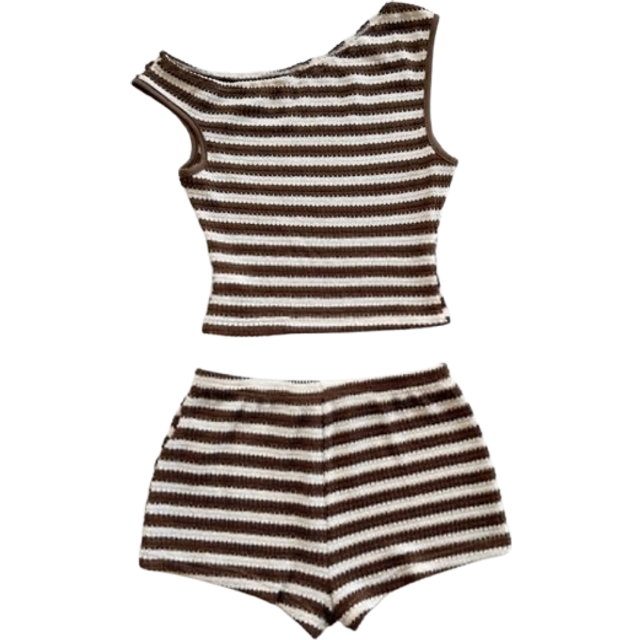 Soleia 2pcs/Set Women&#39;s Red & White Striped Knit Crop Top And Super Low-Waist Bodycon Shorts Set, Vacation, Party, Christmas, Valentine&#39;s Day, Date, Beach, C