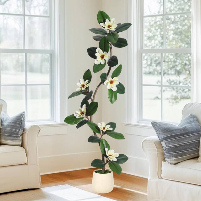 Rubber Tree 5FT Artificial Tree in White Planter Pot Faux Plants Indoor Faux Floor Plant Artificial Plants with 7 Pcs Magnolia Flowers for Home Decor