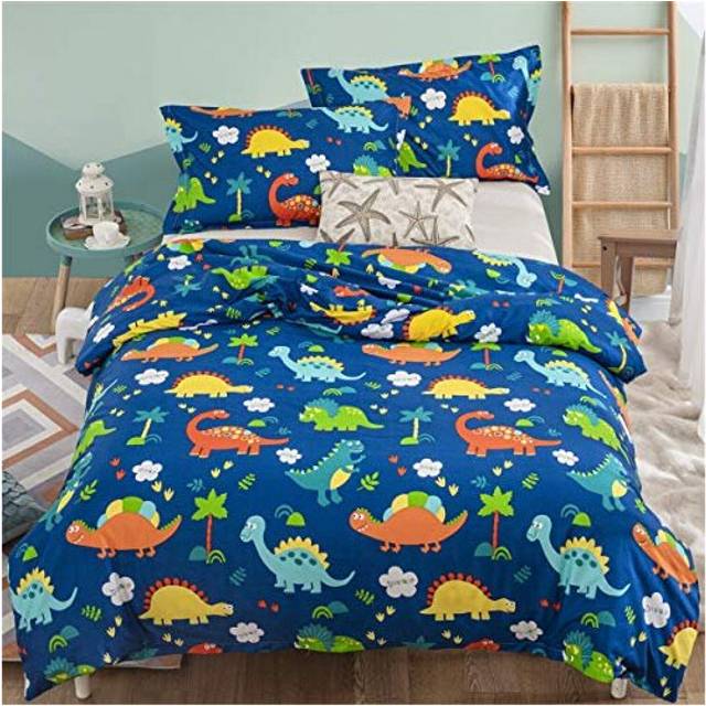 3 Pieces Dinosaur Kids Duvet Cover with 2 Pillowcases,Animal Print Bedding Set with Zipper Closure,Blue Reversible Boys Children Quilt Cover Double