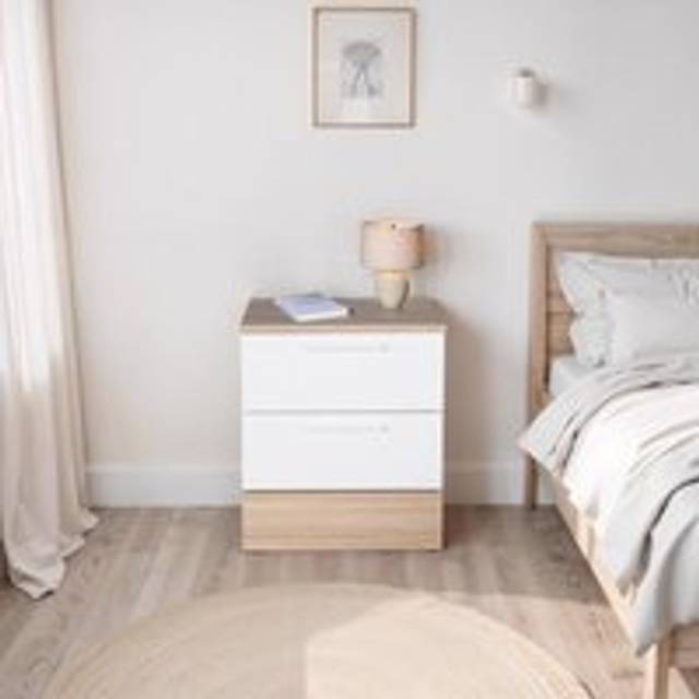 Fwstyle 2 Drawer Bedside Table Nighstand Two Tone White & Oak - One Size