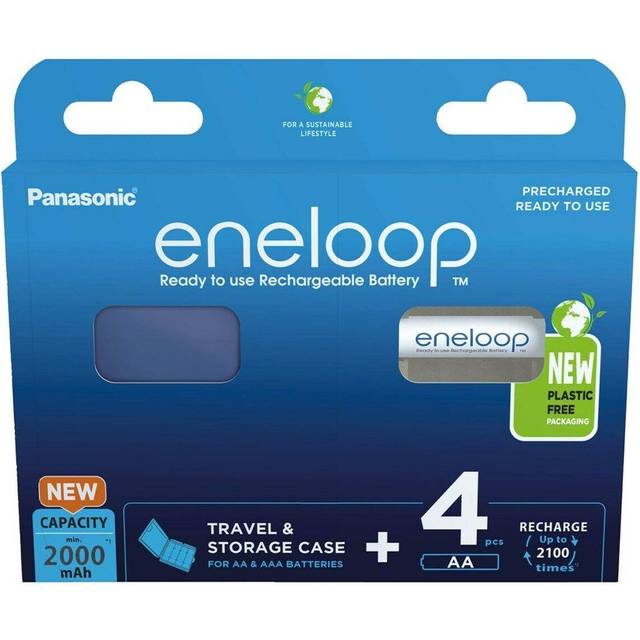Panasonic eneloop, Ready-to-Use Ni-MH-batterier, AA/Mignon, 4-pack, förbättrad kapacitet på min. 2 000 mAh, 2 100 laddningscykler, uppladdningsbara batterier i plastfri förpackning