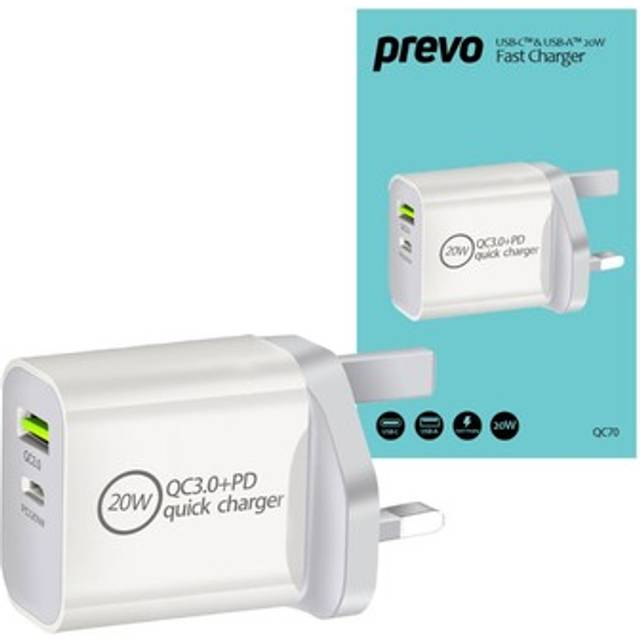 Prevo QC70 20W USB Type-C & USB Type-A Fast Charge Mains Charger with QC 3.0 for Laptops, Ultrabooks, Chromebooks, iPads, MacBooks, Smartphones, Tablets, Mobile Devices, Action Cameras, DSLRs