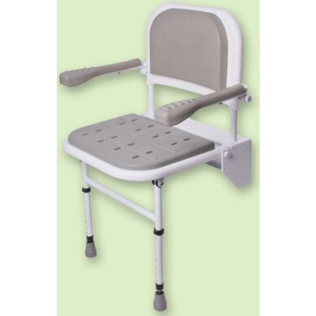 Folding wall mounted shower seat with legs, padded seat, back and arms