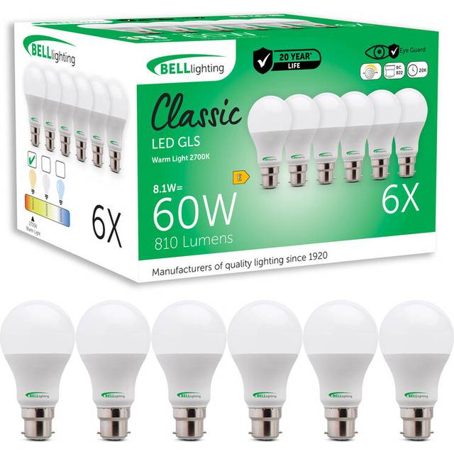 Bell Lighting 6 Pack B22 Led Classic Gls Bulbs 8.1W 810Lm , Warm White 2700K , 60W Equivalent , Dimmable Bayonet Bulbs - One Size