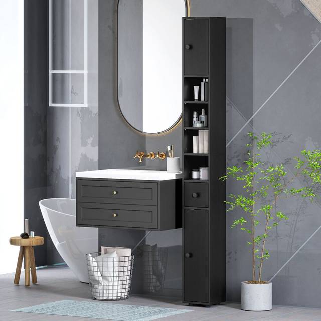 kleankin Slim Bathroom Cabinet, Toilet Roll Storage With Open Shelves- Black, Black
