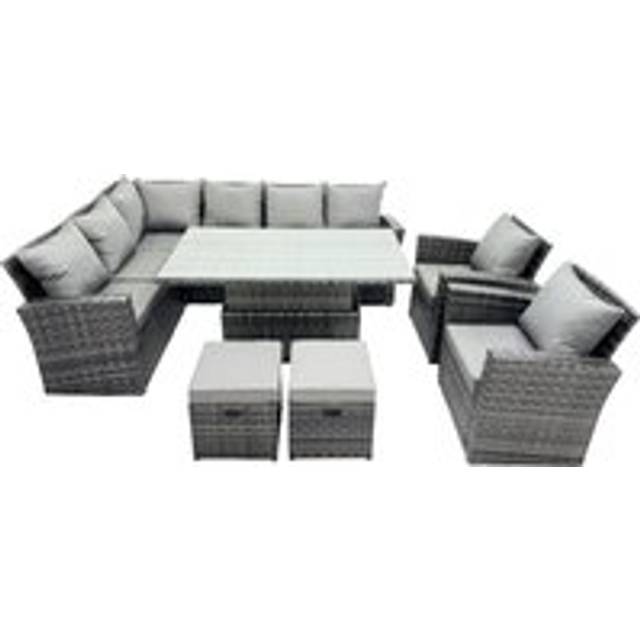 Poly Rattan Outdoor Patio Height Adjustable Rising Lifting Table Corner Sofa Set with 2 Small Stool,2 Chairs for Garden Backyard Dark Grey Mixed