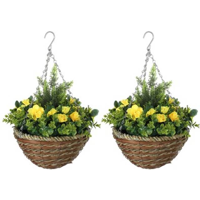 Outsunny 2 Pcs Artificial Lisianthus Flower Hanging Planter Basket Yellow