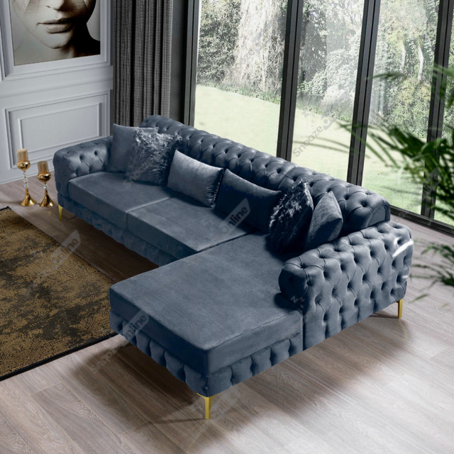 (Steel Velvet, 5 Seater (Right Hand side)) Luxury Chesterfeild 5 Seater Plush Velvet L Shaped Corner Sofa Deep Button Tufted Design with Elegant Gold