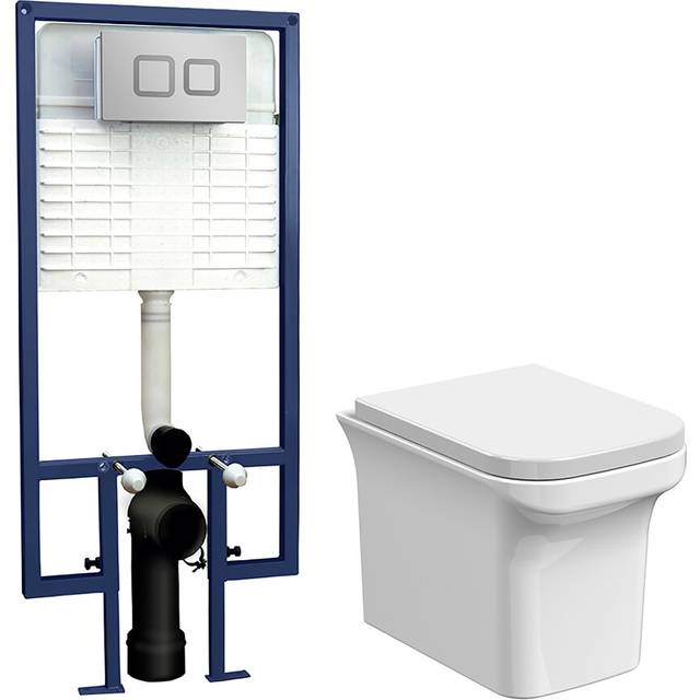 Faron Soft Square Wall Hung Toilet Pan, Soft Close Seat & Concealed Cistern with Square Push Button Plate, 390mm - Balterley