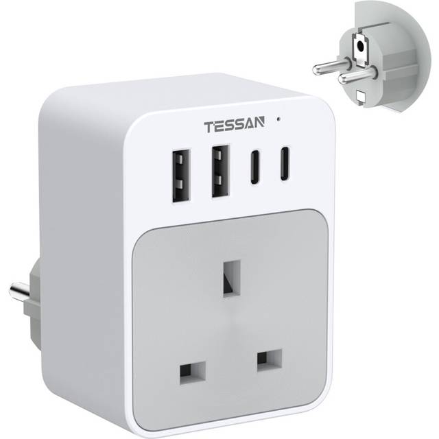TESSAN UK to European Plug Adapter, 5 in 1 Travel Adapter with 2 USB C and 2 USB A, 3600W European Plug Adaptor, Type E F Travel for Spain France Tur
