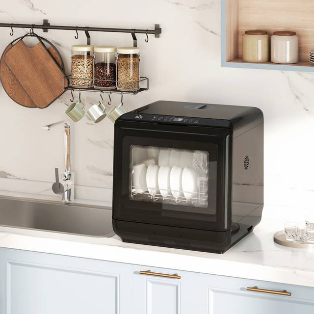 HOMCOM Countertop Dishwasher with High-Temp Sanitizing, 5 Wash Programs, Black
