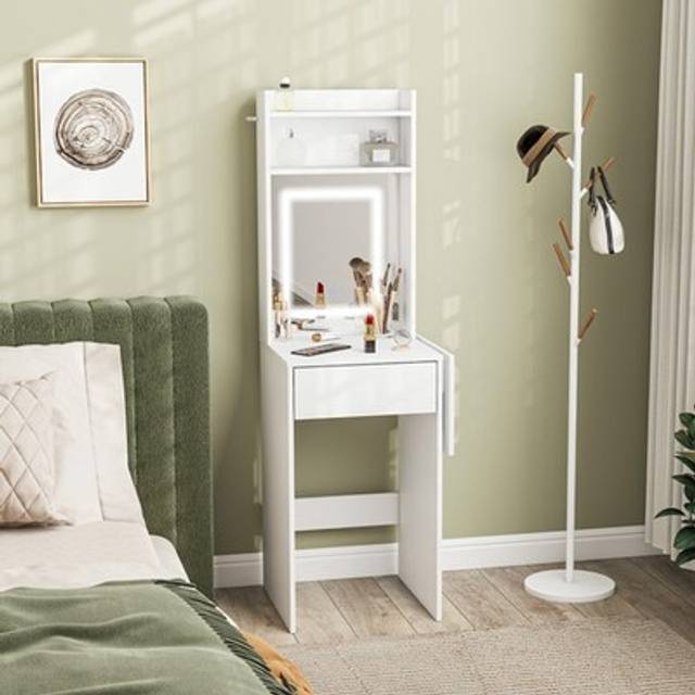 Homcom Small Vanity Desk With Mirror And Led Lights, Compact Dressing Table With Drop Leaf, Open Shelves And Drawer, White