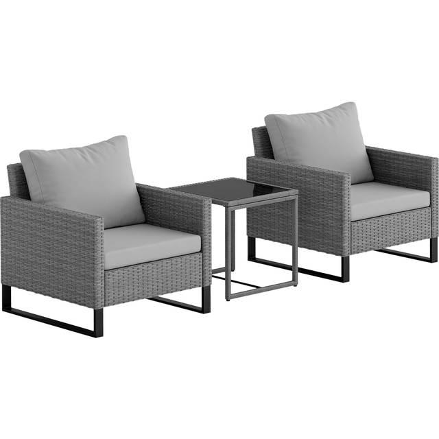 Outsunny 3PCS Rattan Bistro Set Glass Top Table and Chairs with 4 Cushions - Light Grey | TJ Hughes