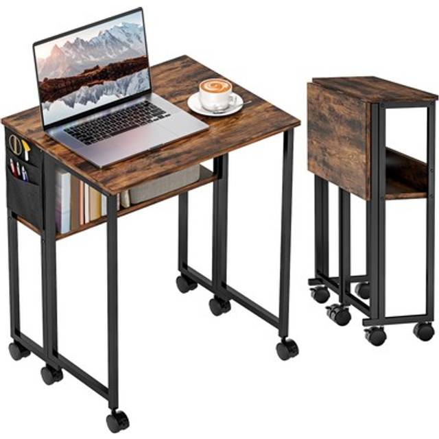 Homcom 63 Cm Foldable Computer Desk On Wheels For Small Spaces Rustic Brown