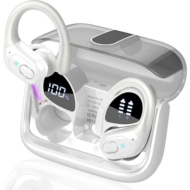 Trådlösa Sporthörlurar Bluetooth – 75h Speltid, IPX7, ENC, Djup Bas - Vit