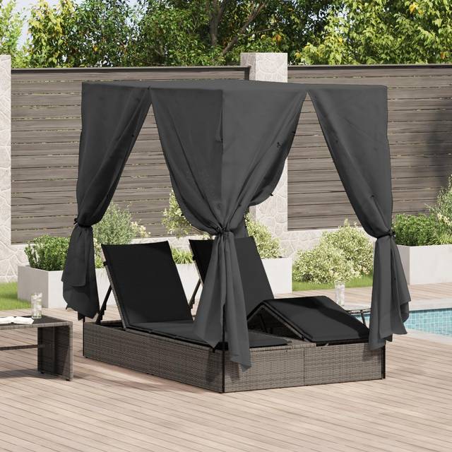 vidaXL Double Sun Lounger Grey 203 x 128 x 202 cm Poly Rattan, fabric